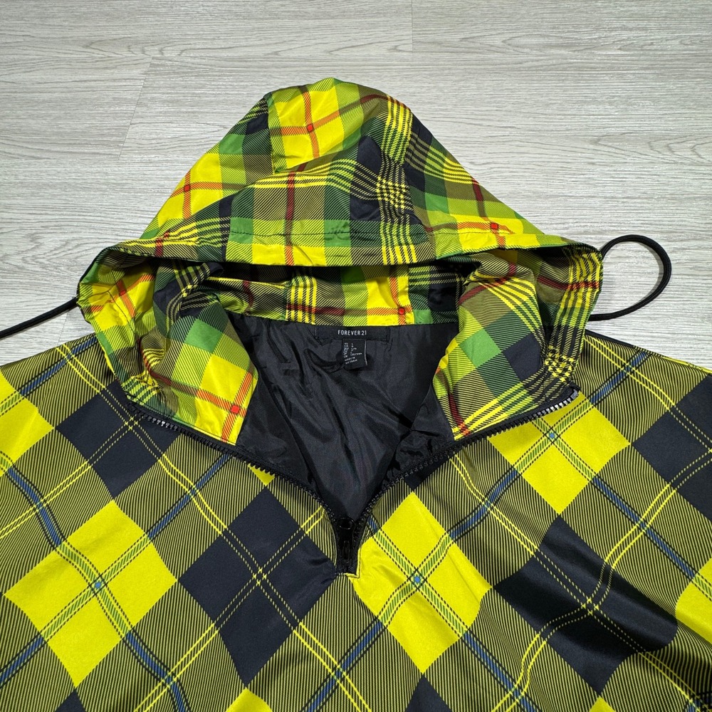 Forever 21 Men's Windbreaker Jacket Plaid Half Zip Hooded Yellow Green Large - Picture 3 of 8